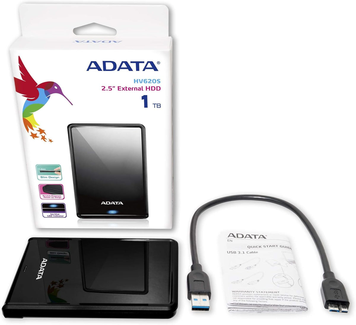 ADATA AHV620S-1TU3-CBK 1TB HV620S Slim External Hard Drive 2.5 USB 3.1 11.5mm Thick Black - (Storage > External Hard Drives)