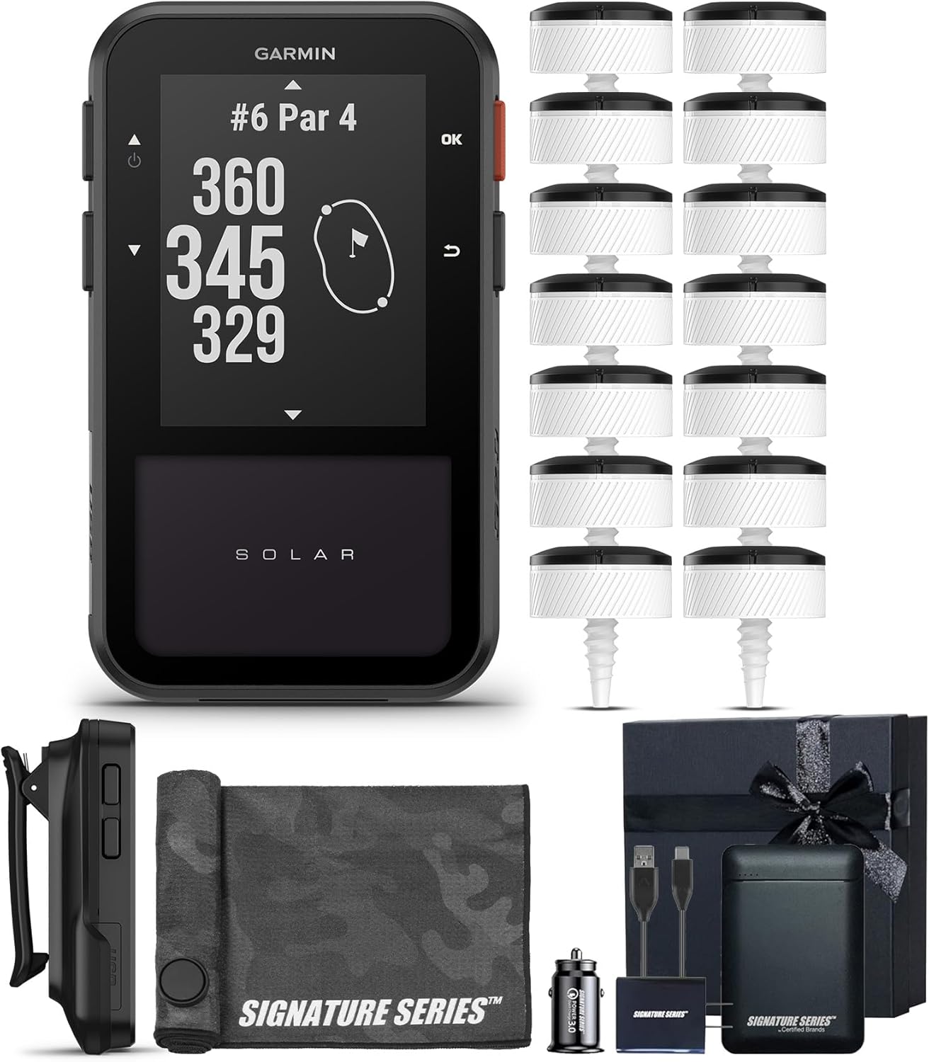 Garmin Approach G20 Solar GPS Golf Handheld | 43,000 Preloaded Course Maps, Unlimited Battery Life, Cart Magnet | with CT10 Bluetooth Club Tracking Sensors (14) and Signature Series Gift Bundle