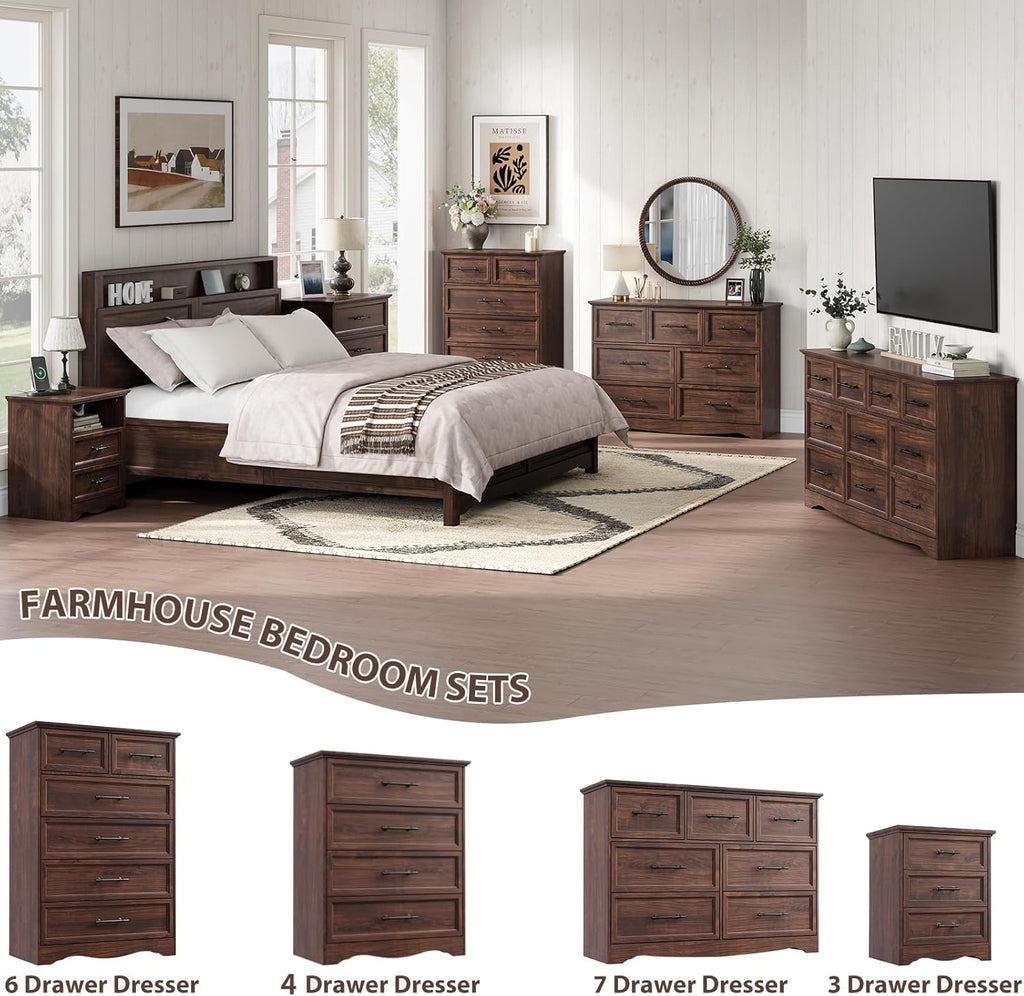 Walnut Dresser for Bedroom, Farmhouse 36" Tall 4 Drawer Chest with Sleek Brushed Metal Handles, Modern Wood Storage Cabinet with Unique Base Design, Closet Organizer for Bedroom, Living Room, Hallway