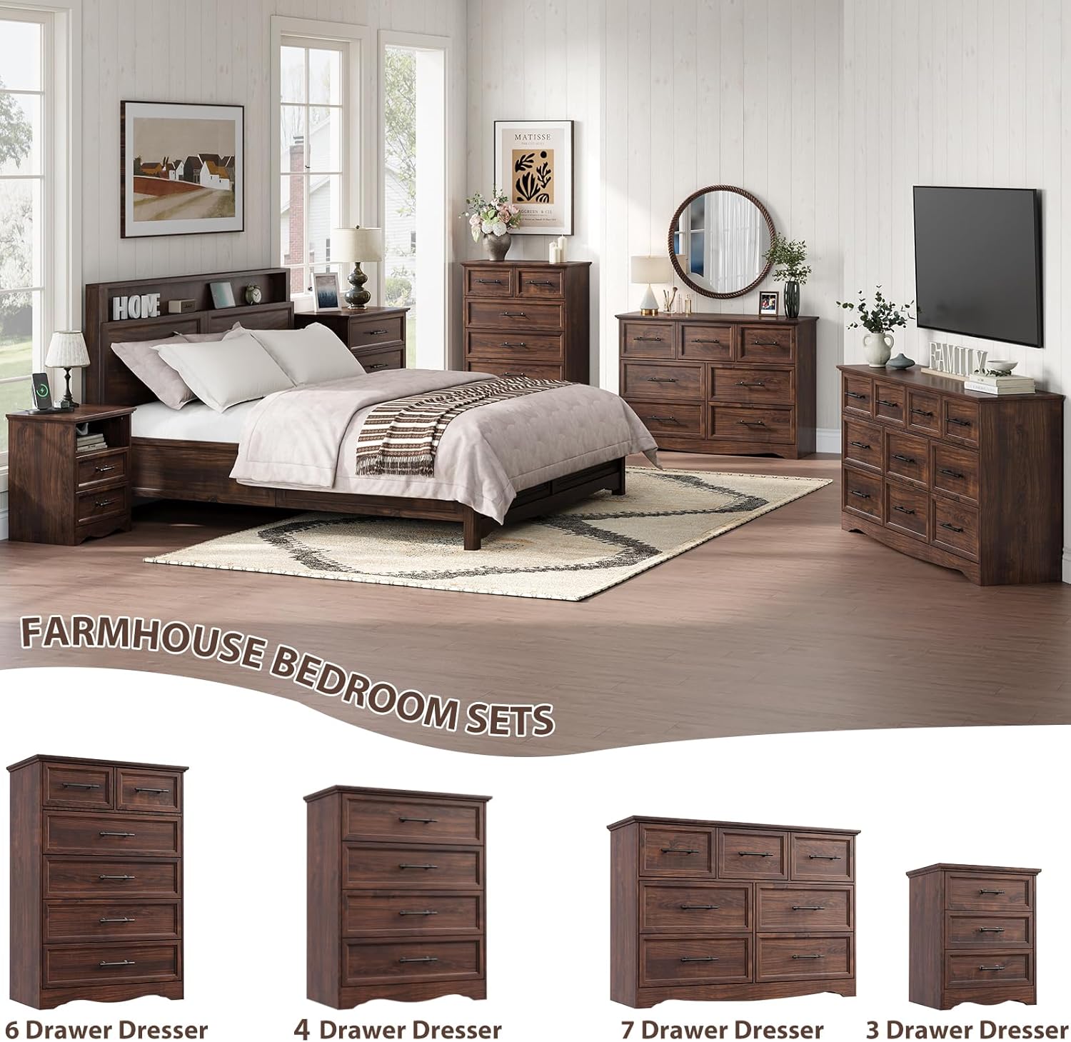 Walnut Dresser for Bedroom, Farmhouse 36" Tall 4 Drawer Chest with Sleek Brushed Metal Handles, Modern Wood Storage Cabinet with Unique Base Design, Closet Organizer for Bedroom, Living Room, Hallway