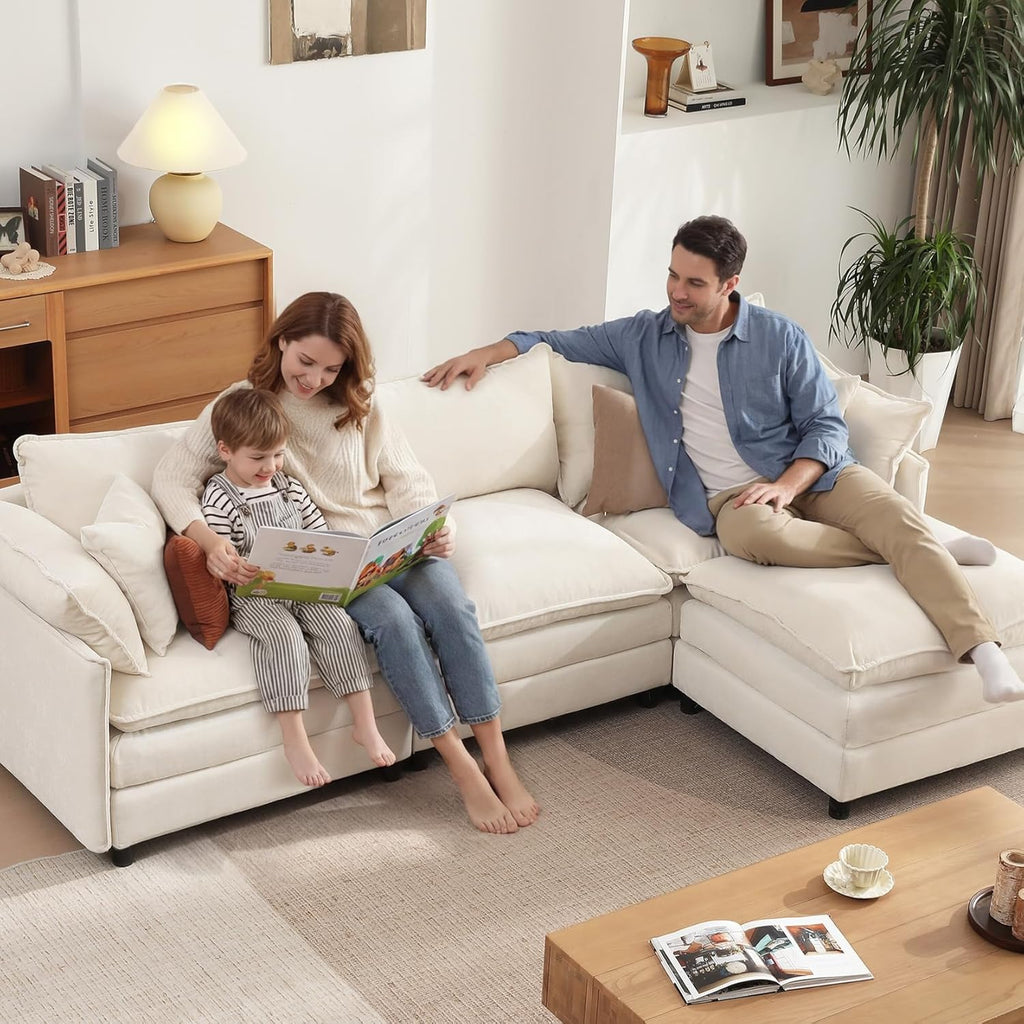Vesgantti 108" Modular Sectional Sofa, Comfy Cloud Couch with Movable Ottoman Deep Seat Chenille L Shaped Modular Sofa, Sectional Couches for Living Room, Bedroom and Apartment, Beige