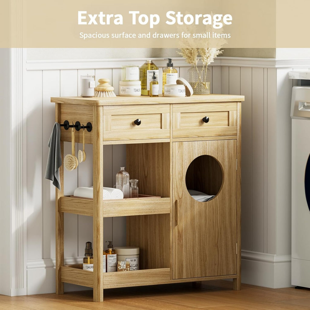 Laundry Hamper Cabinet, Hidden Laundry Storage Cabinet with 2 Drawers & Shelves, Removable Baskets Laundry Hamper with Clothes-Toss Hole for Bathroom, Bedroom, Living Room,Oak