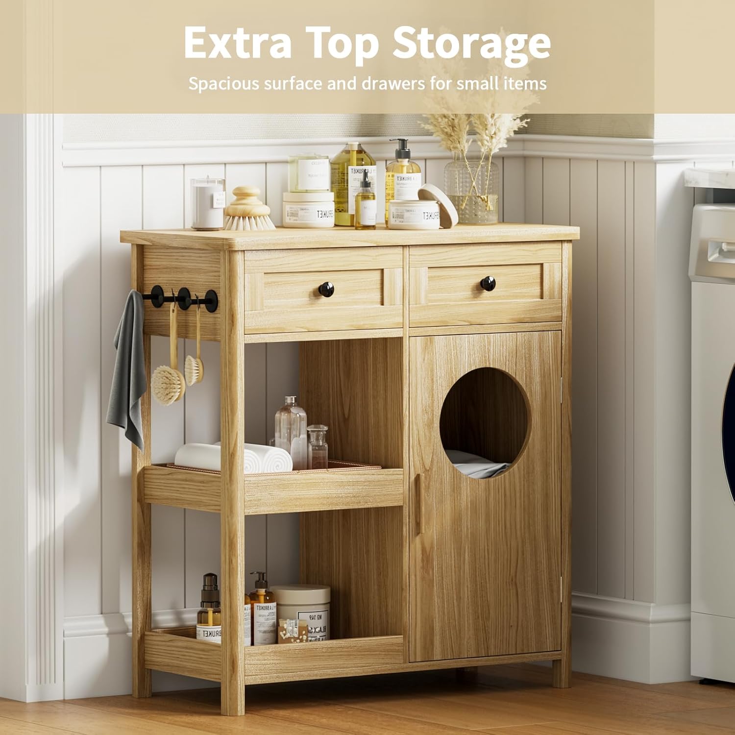 Laundry Hamper Cabinet, Hidden Laundry Storage Cabinet with 2 Drawers & Shelves, Removable Baskets Laundry Hamper with Clothes-Toss Hole for Bathroom, Bedroom, Living Room,Oak