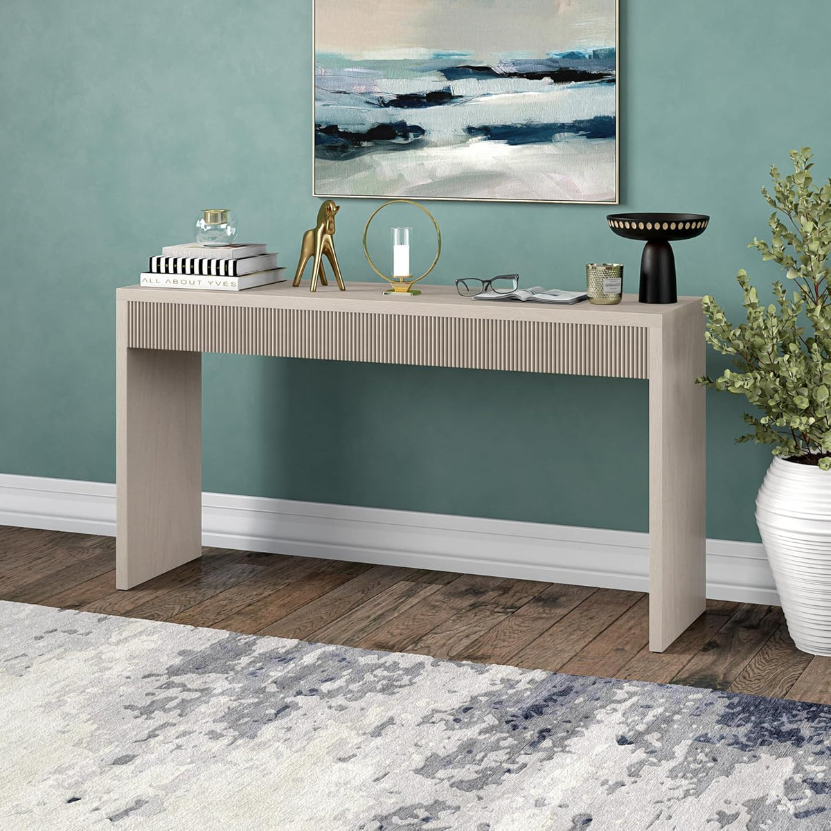 Henn&Hart 55" Rectangular Fluted Console Table, Ribbed Entryway Table, Sofa Table for Entryway, Living Room, Couch, Hallway, or Office, Beech White