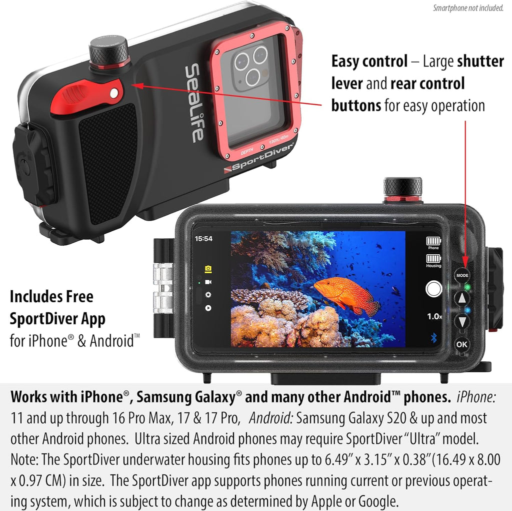 Sealife SportDiver Underwater Smartphone Housing – Dive to 130', Waterproof Photography, Easy Camera Controls, with Leak Alarms, Fits Most Phones