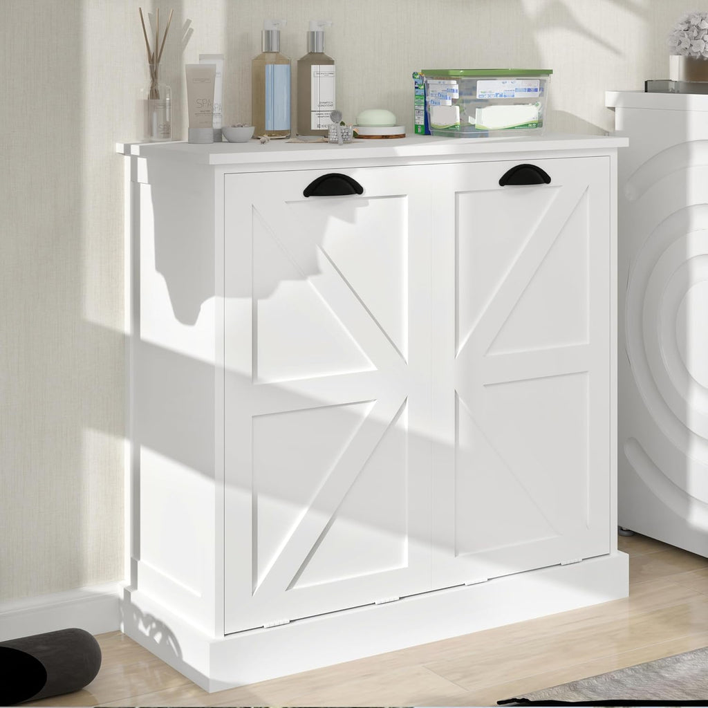 KEIKI White Tilt-Out Bathroom Laundry Sorter Cabinet with Dual Compartments & Removable Bags, Freestanding Hidden Hamper Storage with Anti-Tip Kit