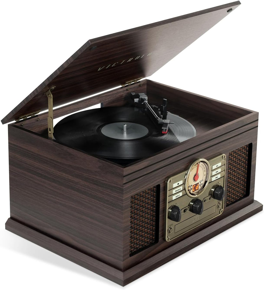 Victrola Hawthorne – 3-Speed (33 1/3, 45, 78 RPM) Bluetooth Record Player with CD, Cassette, FM Radio, & Built-in Stereo Speakers, RCA Out & Aux in, Wireless Music Streaming (Espresso)