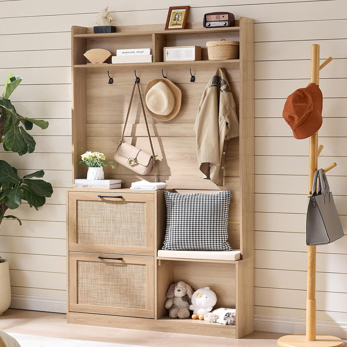 LEYAOYAO 78" Tall Boho Hall Tree with Bench & Shoe Storage, 4-in-1 Mudroom Rattan Coat Rack with 2 Flip Drawers & Cushioned Stool, Entryway Hall Tree Cabinet with 6 Hooks for Garage, Natural Oak