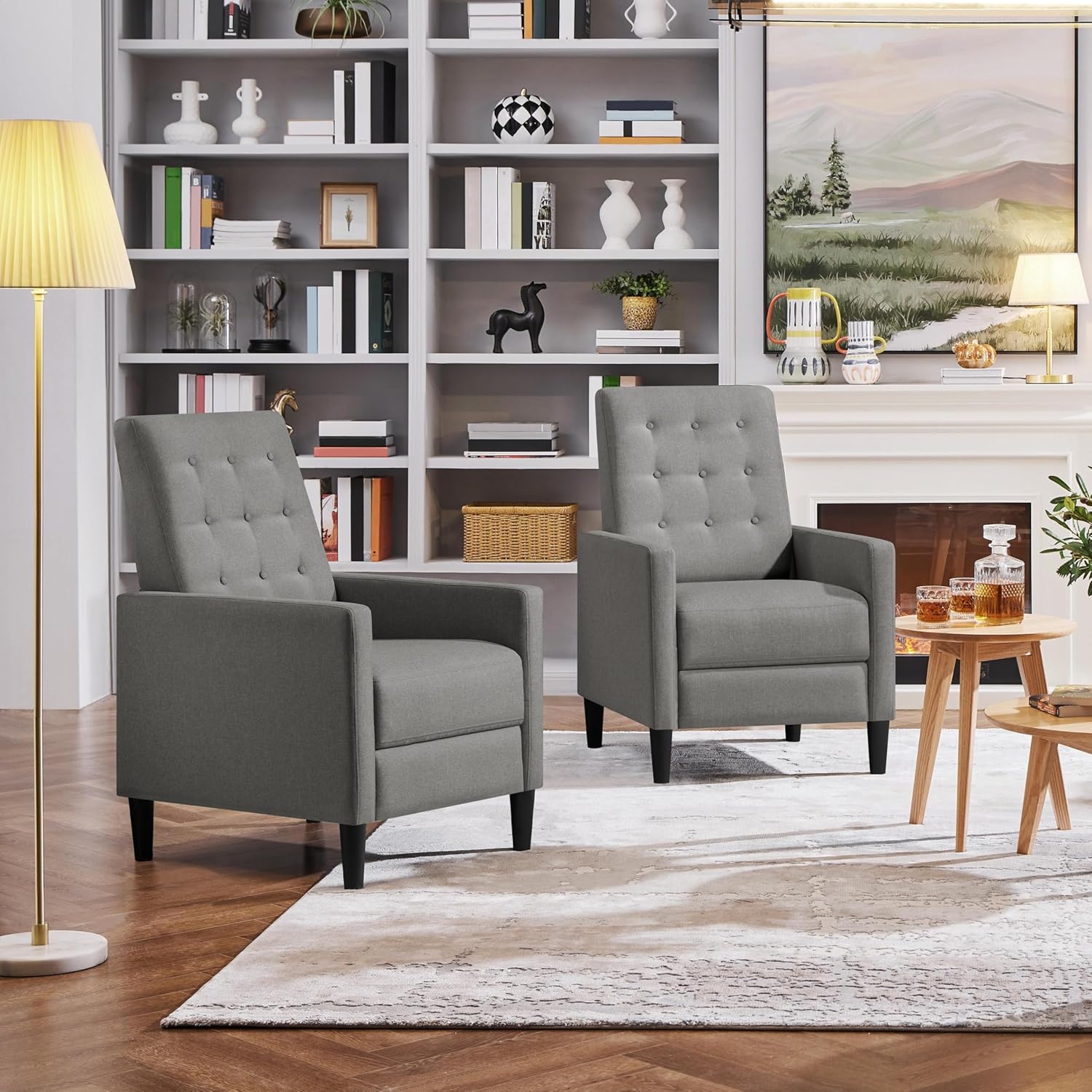 Yaheetech Fabric Recliner Chair Mid-Century Modern Recliner Adjustable Single Recliner Sofa with Thicker Seat Cushion Tufted Upholstered Sofa with Pocket Spring for Living Room Bedroom Gray Set of 2