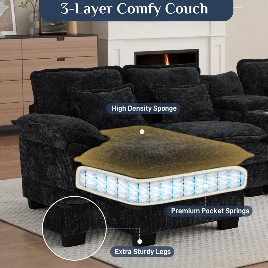 133" Oversized U Shaped Cloud Couch Modular Sectional Couches for Living Room Comfy Chenille Deep Seat Sofa Set with Double Chaise Lounge, Storage Central Console, Cup Holders, USB Port, Dark Black