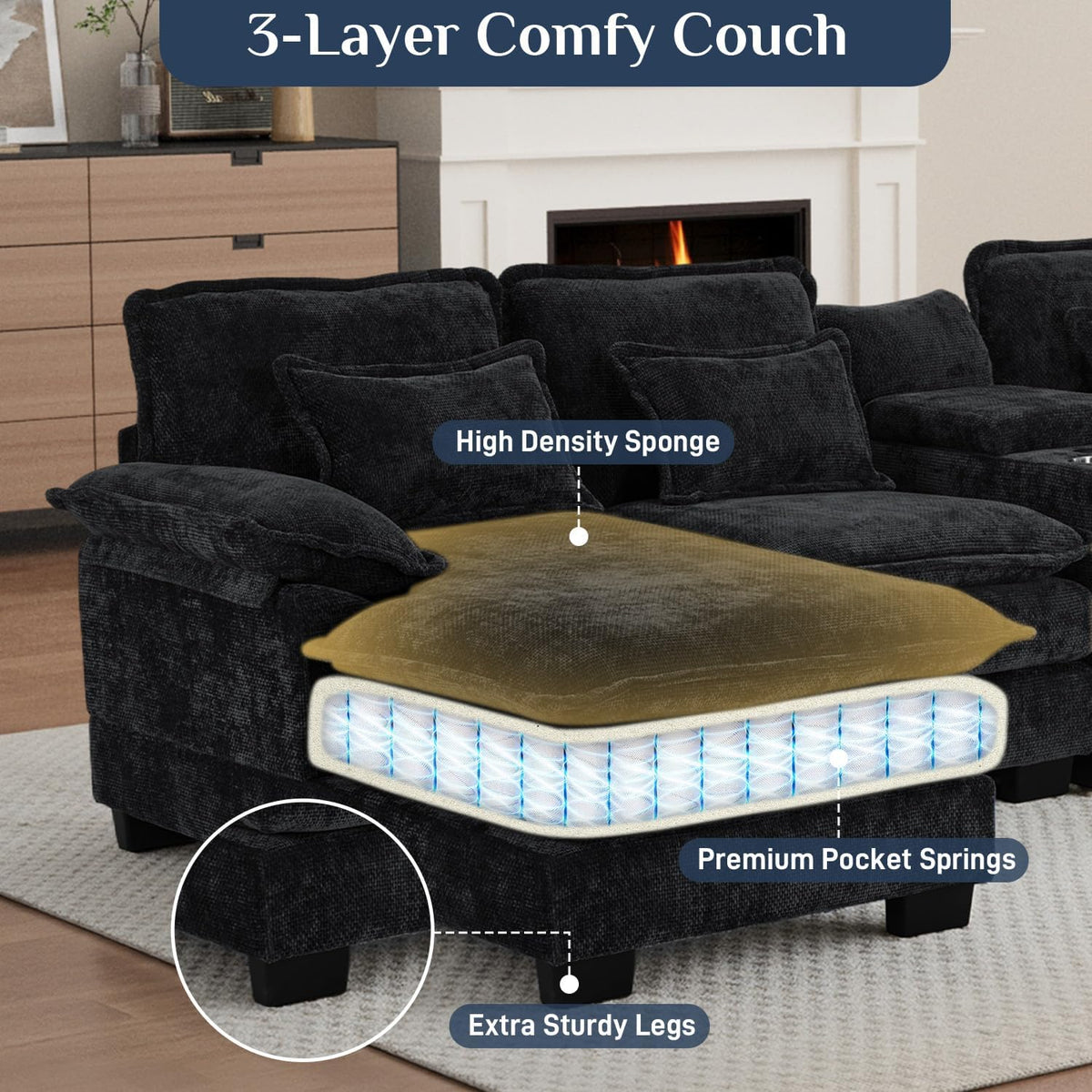 133" Oversized U Shaped Cloud Couch Modular Sectional Couches for Living Room Comfy Chenille Deep Seat Sofa Set with Double Chaise Lounge, Storage Central Console, Cup Holders, USB Port, Dark Black