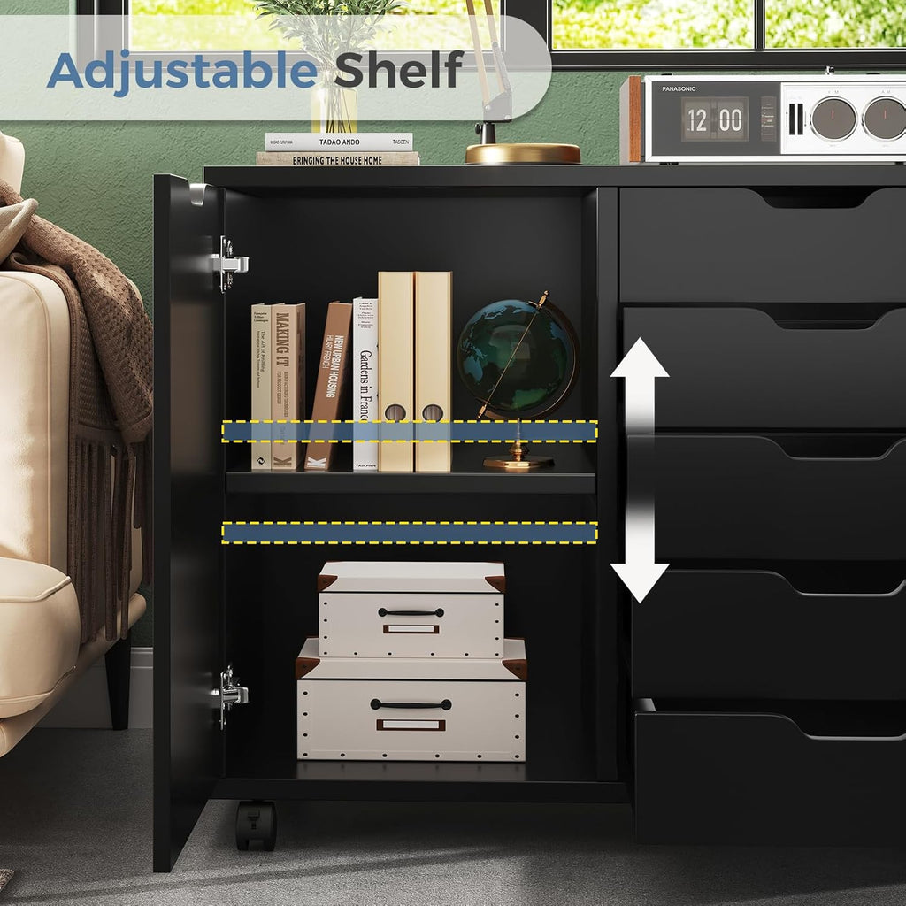 DUMOS 5 Drawer File Cabinet Office Drawers Organizer with Wheels Rolling, Under Desk Cabinets with Shelves and Door Printer Stand with Wood Board Metal Frame for Home Office Storage Craft Room, Black