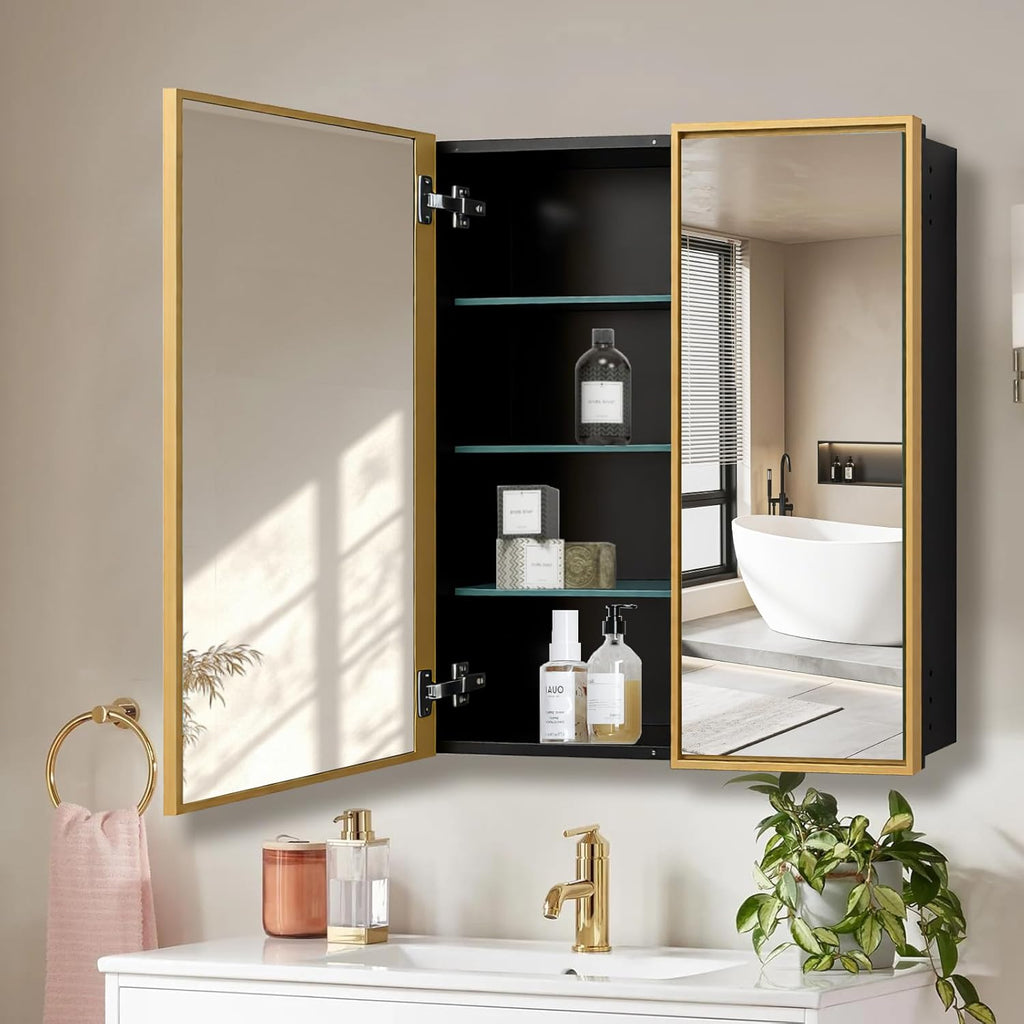 Medicine Cabinet, 36"x32" Aluminum Framed Double Door Bathroom Mirror Cabinet, Surface or Recessed Mount, Vanity Mirror with Storage, Soft Close Hinges, Detachable Glass Shelves for Bathroom