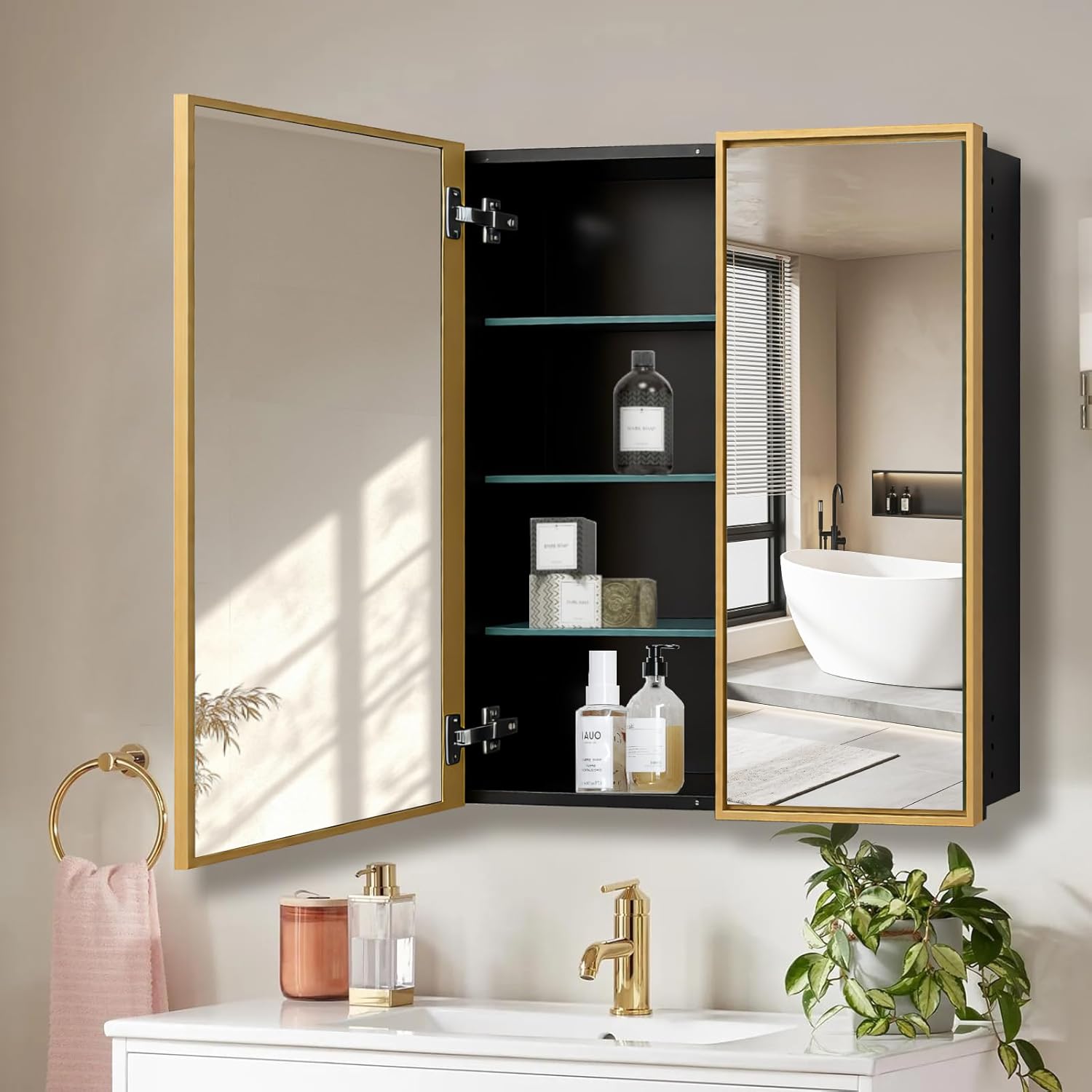 Medicine Cabinet, 36"x32" Aluminum Framed Double Door Bathroom Mirror Cabinet, Surface or Recessed Mount, Vanity Mirror with Storage, Soft Close Hinges, Detachable Glass Shelves for Bathroom