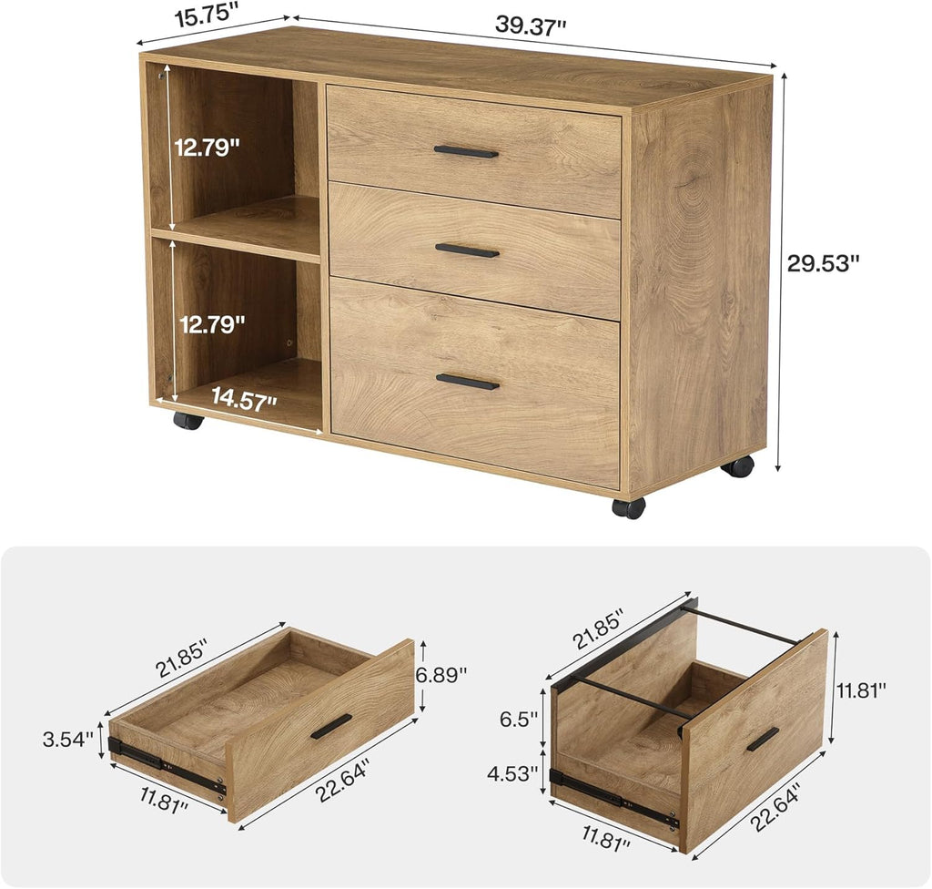 Tribesigns 39-Inch Rolling File Cabinet with 3 Drawers, Wooden Office Lateral Filing Cabinet, Modern Printer Stand with Storage Shelves for Home Office, Light Brown