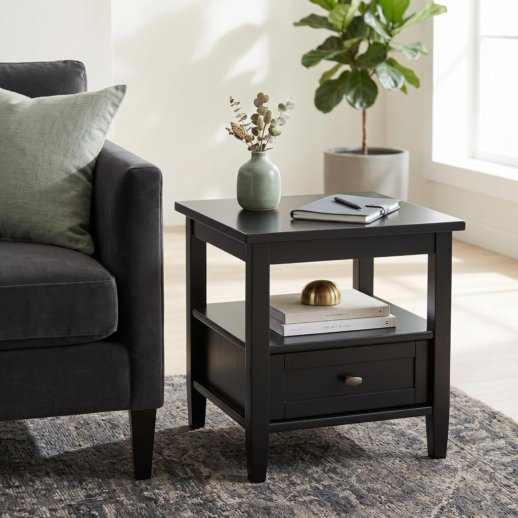 SIMPLIHOME Warm Shaker End Table - 20" Wide x 20" High Solid Wood Side Table in Black, Transitional Accent Table for Living Room or Bedroom with Drawer, Open Shelf and Square Tapered Legs
