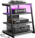 Besiost AV Media Stand with Outlets, Media Console with LED Lights, Stereo Racks and Stands with Storage Shelves, Media Audio Tower Stand, Light Grey Walnut