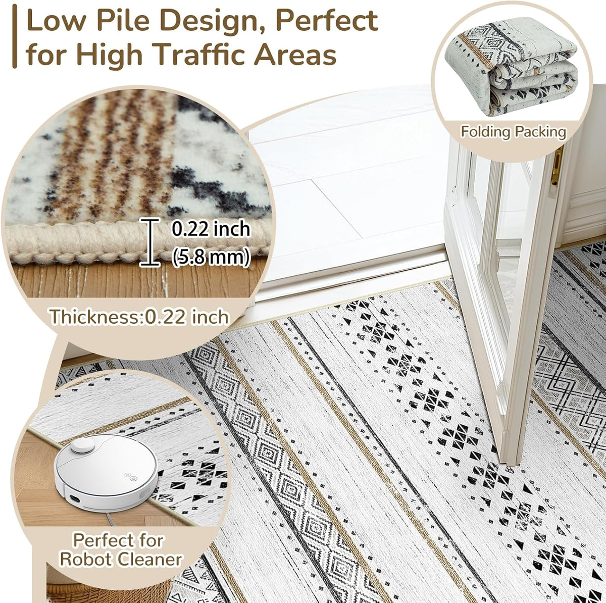 BESTSWEETIE 9x12 Area Rugs for Living Room Washable Moroccan Farmhouse Neutral Geometric Low Pile Non-Slip Soft Print Pattern Rug for Bedroom Kitchen Dining Room Entryway Black/Brown
