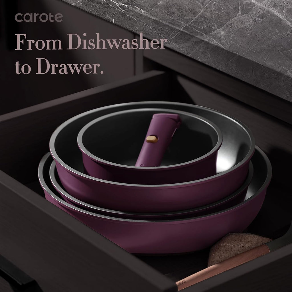 CAROTE 21pcs Pots and Pans Set, Nonstick Cookware Set Detachable Handle, Induction Kitchen Cookware Sets Non Stick with Removable Handle, RV Cookware Set, Gold and Purple
