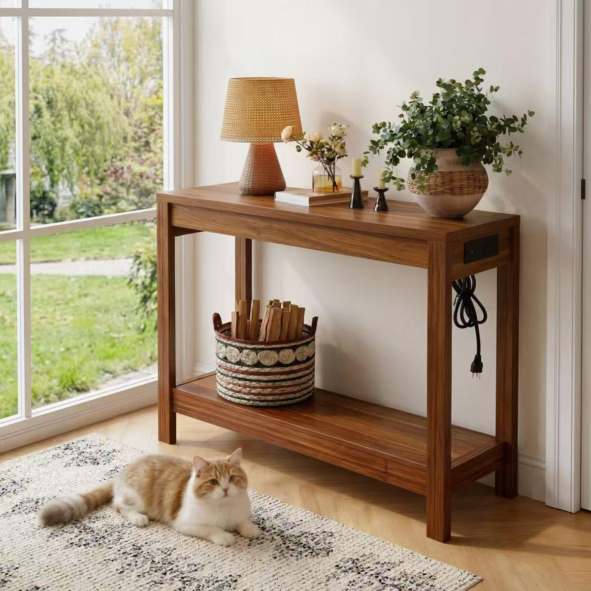 47" Entryway Table, Narrow Console Sofa Table, with Outlets and USB-C Port, Entryway Table with Open Storage, for Living Room, Hallway, Entryway, Foyer, Kitchen Counter, Walnut