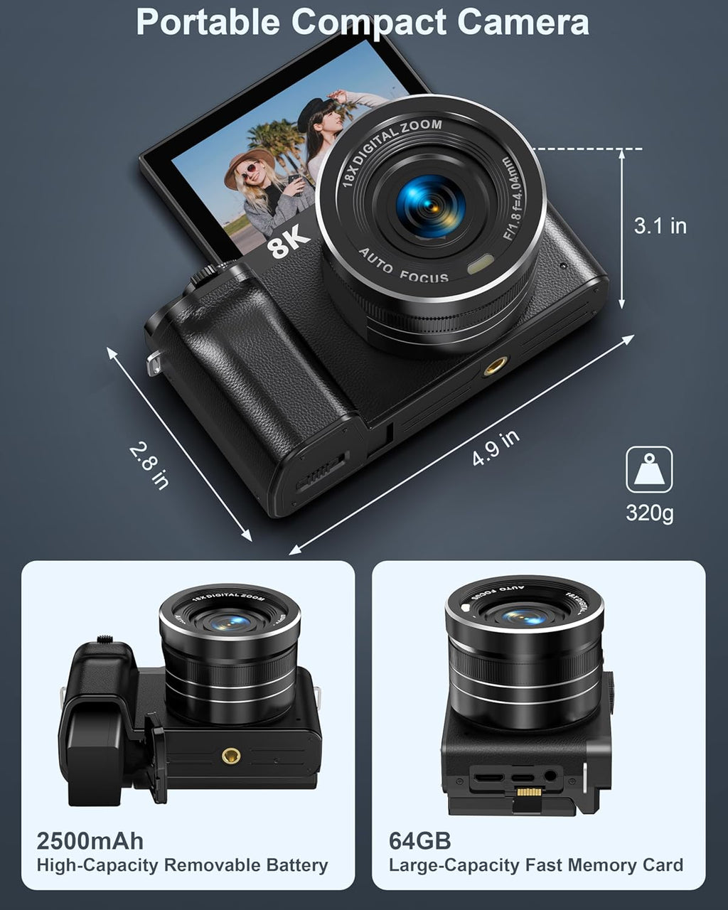 8K Digital Camera, 88MP Cameras for Photography, Vlogging Camera for YouTube with 3" 180° Flip Screen, 18X Zoom UHD Autofocus Video Camara with Lens Hood, 64GB Card