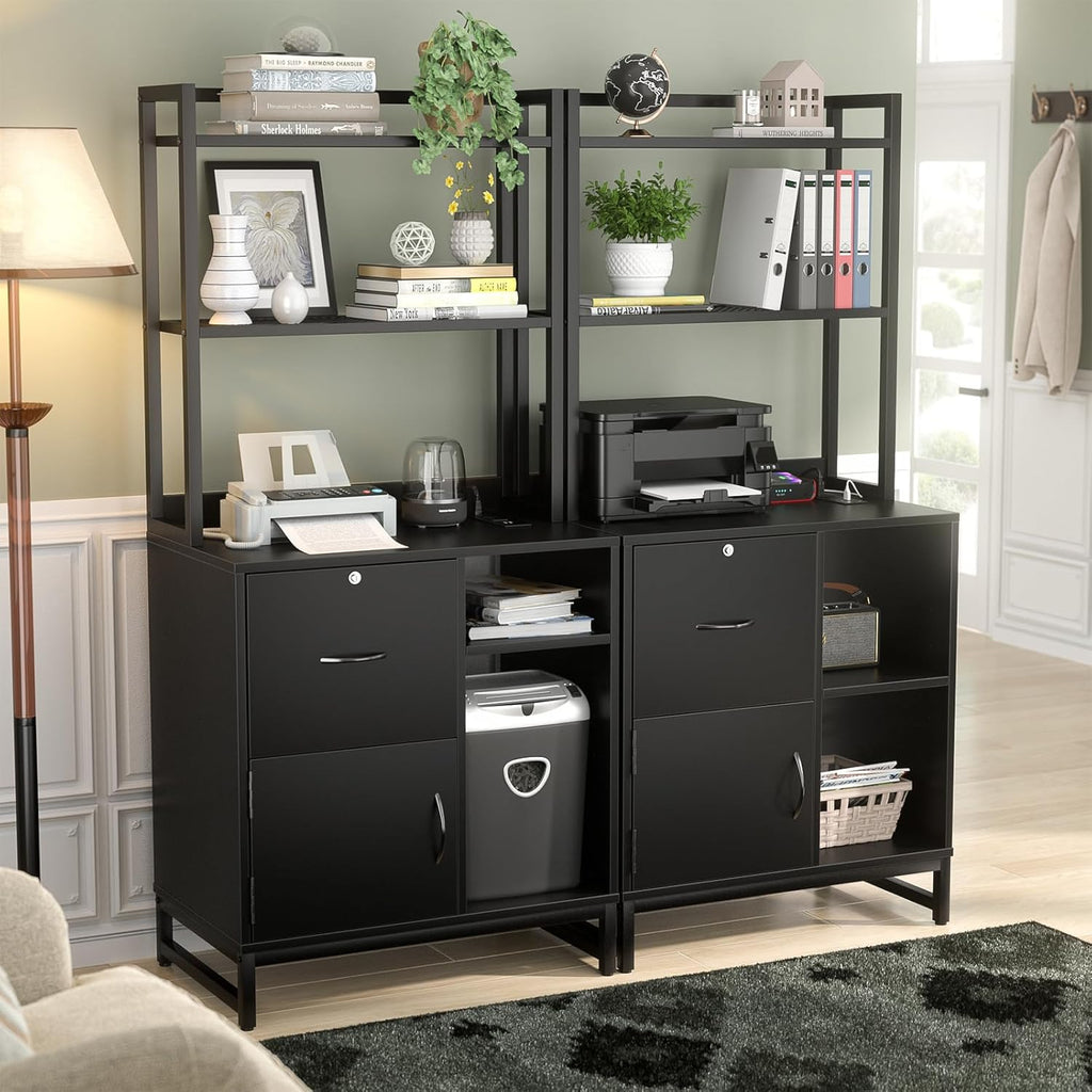 Homieasy Vertical Filing Cabinet with Bookshelf for Home Office, File Cabinet with Shelves, Lock & Charging Station, Drawer Office File Cabinets with Printer Stand, fits Letter Size, Black
