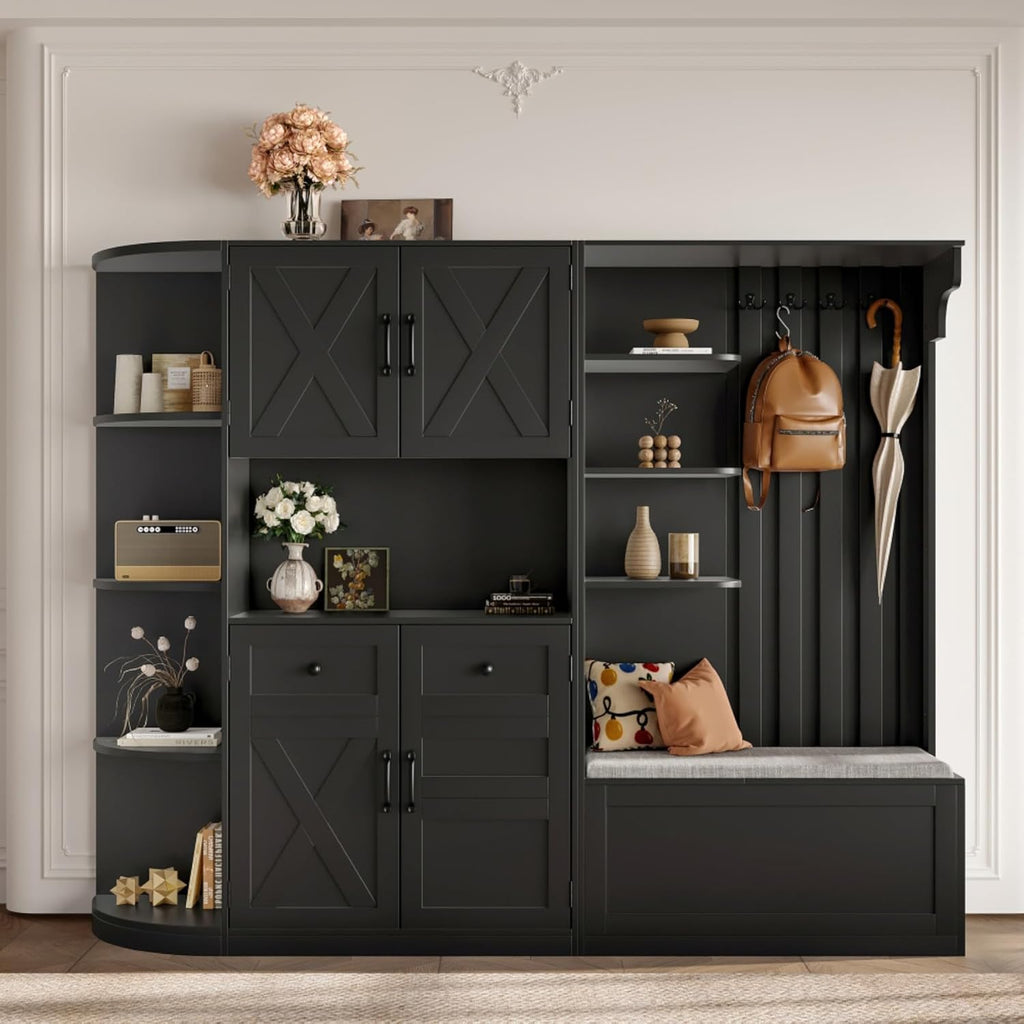 Multifunctional Left-Right Combination Hall Cabinet, Hall Tree with Storage and 4 Hooks, Storage Cabinet for Living Room, Kitchen and Hallway, Black
