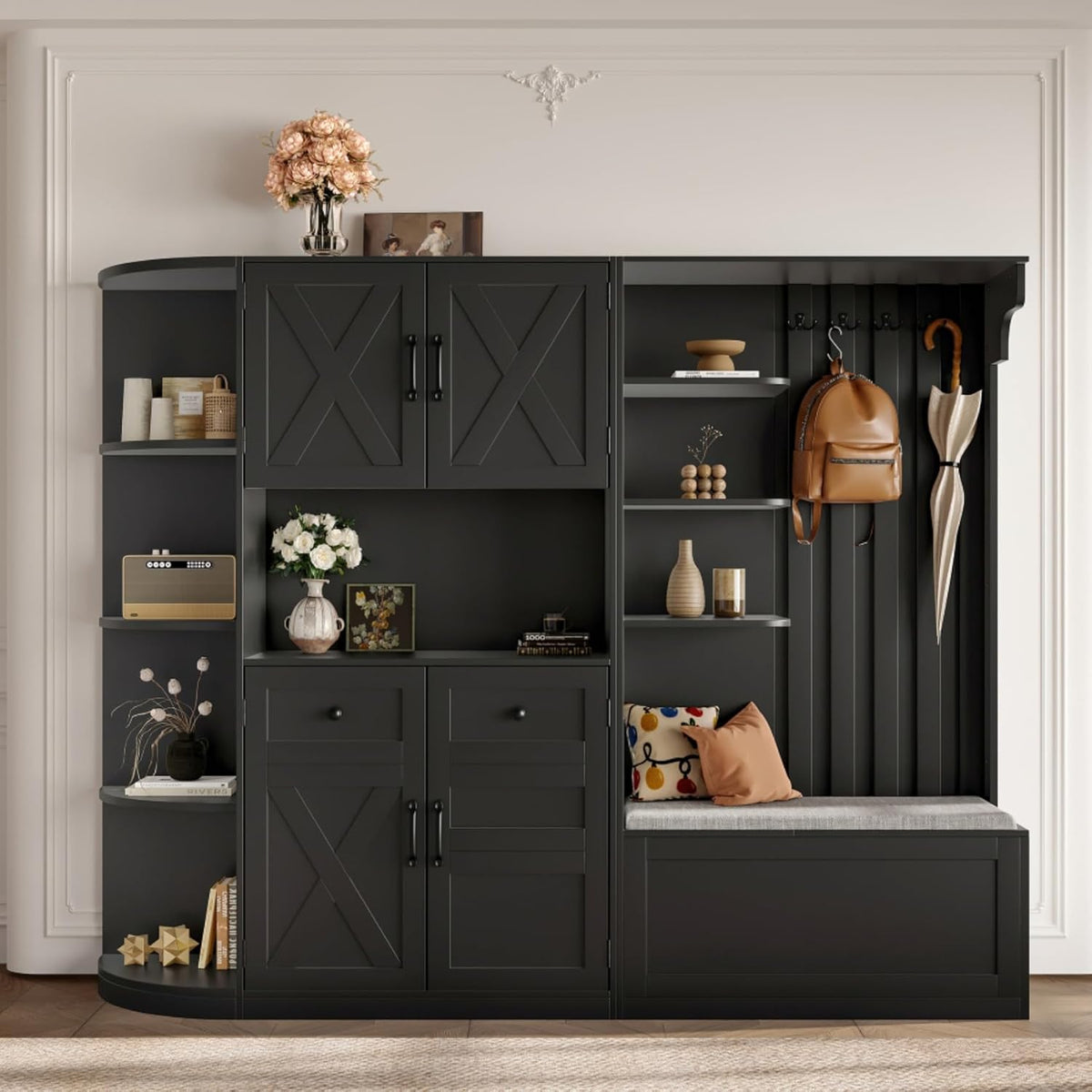 Multifunctional Left-Right Combination Hall Cabinet, Hall Tree with Storage and 4 Hooks, Storage Cabinet for Living Room, Kitchen and Hallway, Black