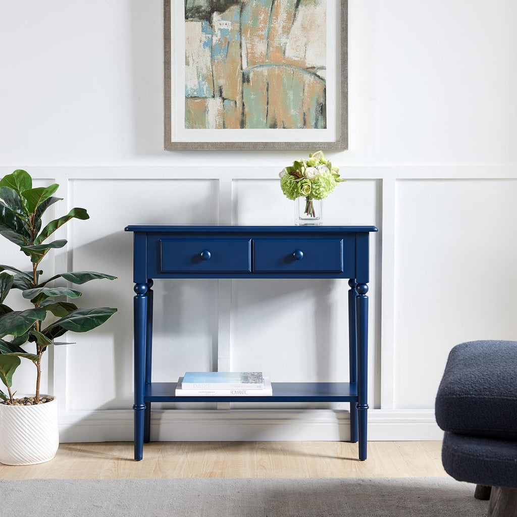 Leick Home Coastal Console Table, Solid Wood, 2 Storage Drawers, Bottom Display Shelf, Narrow Depth, Easy-Assembly, for Living Room/Hallway, Navy Blue, 30.0 in. W x 11.0 in. D x 28.0 in. H, 20027-NV