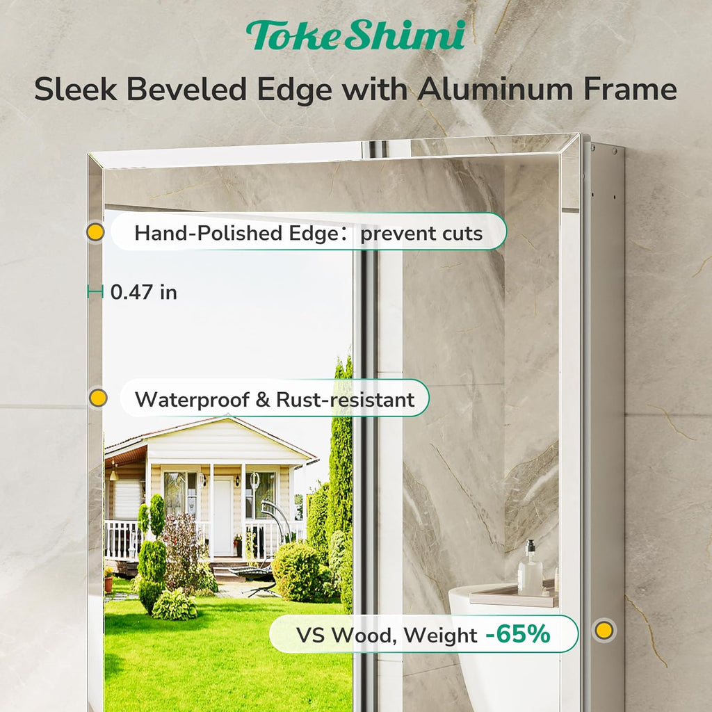 TokeShimi 20 x 28 Medicine Cabinet for Bathroom, Silver Recessed Medicine Cabinet with Tempered Beveled Mirror, Stepless Adjustable Shelves, DTC Hinge, Recessed/Wall Mounted