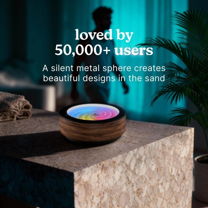 Homedics Drift 10” Wood Sand Table – App Controlled Moving Sand Art for Desk, Automated Sandscape Display with LED Lights, Quiet Metal Sphere, Modern Zen Relaxation Home Office Decor (Black Walnut)