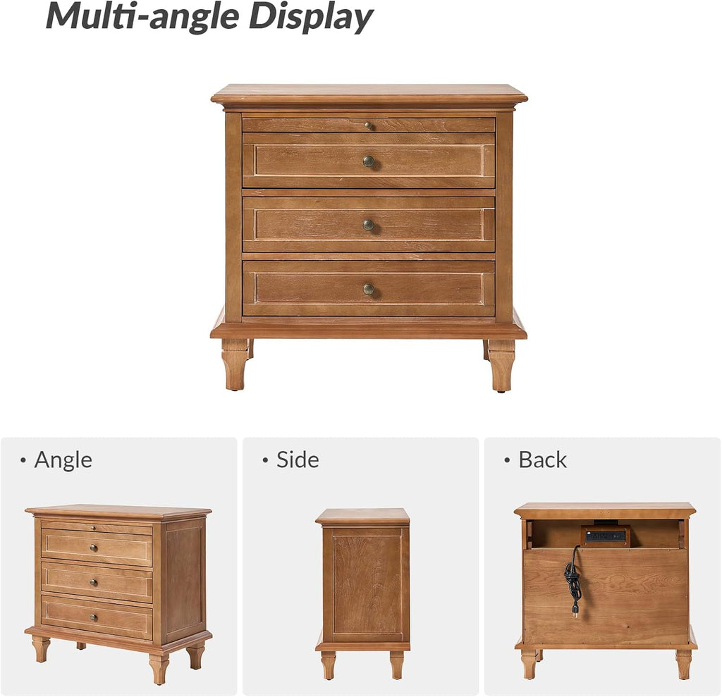 HULALA HOME Farmhouse 3 Drawer End Table with Tray, Drawer Organizer with Solid Wood Legs, End Table with Charging Station（Acorn）