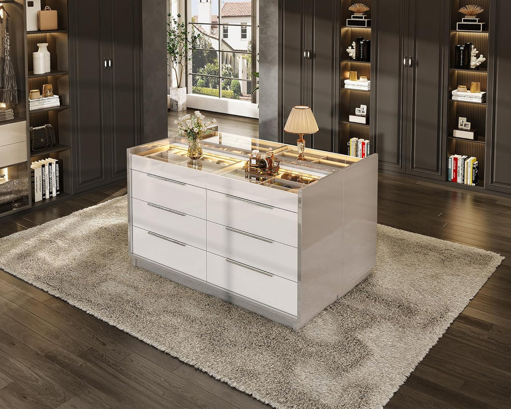 AMERLIFE 47.2" 8 Drawer Dresser with LED Light, Modern High Gloss Chest of Drawers with Glass Tabletop & 2 Six-Grid Jewelry Drawers, for Bedroom, Living Room, Dressing Room, Cream & Grey