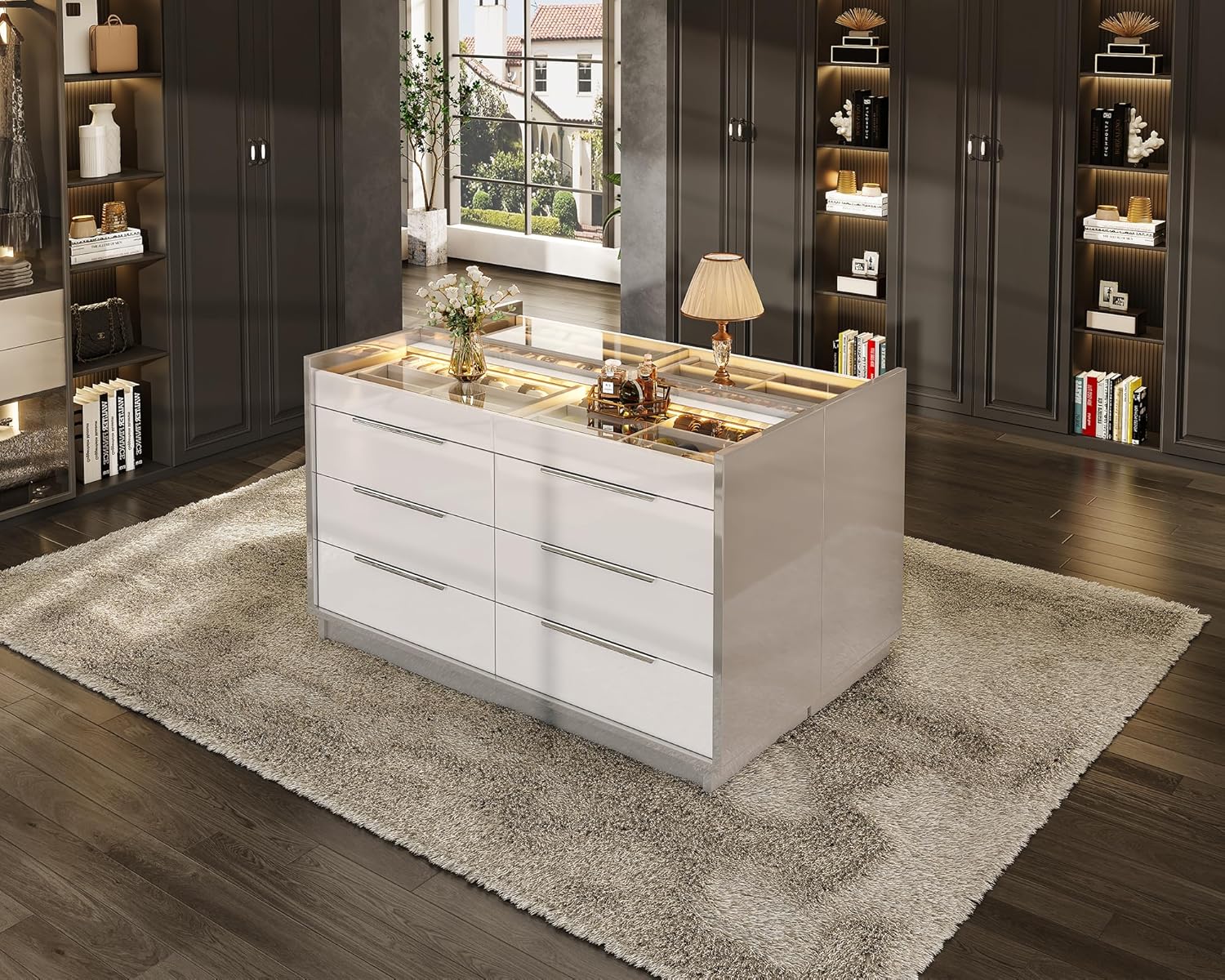 AMERLIFE 47.2" 8 Drawer Dresser with LED Light, Modern High Gloss Chest of Drawers with Glass Tabletop & 2 Six-Grid Jewelry Drawers, for Bedroom, Living Room, Dressing Room, Cream & Grey