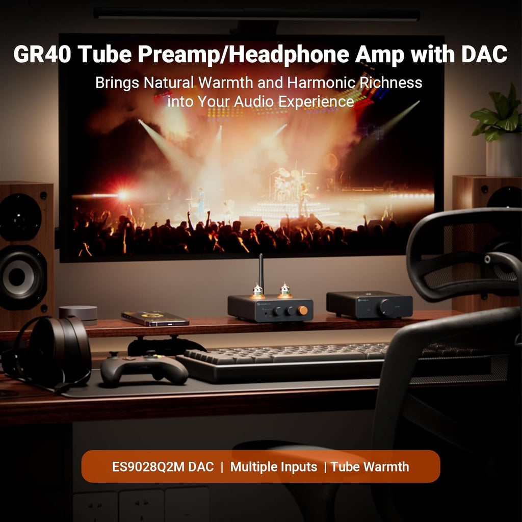Fosi Audio GR40 Tube Preamplifier with DAC, Stereo Headphone Amplifier 3.5mm Home Audio for Active Speakers/Headphones, Digital to Analog Audio Converter Preamp with Bluetooth and USB/Opt/Coax