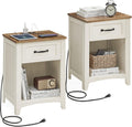 VASAGLE LIRY Collection - Farmhouse Nightstands with Charging Station, Set of 2 Bedside Tables, Side Tables with Drawer, Open Compartment, for Bedroom, Rustic White and Honey Brown ULET859K41