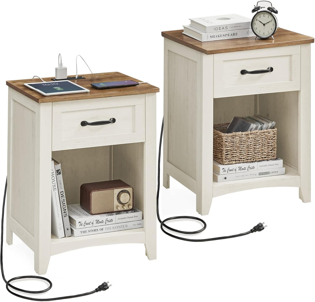VASAGLE LIRY Collection - Farmhouse Nightstands with Charging Station, Set of 2 Bedside Tables, Side Tables with Drawer, Open Compartment, for Bedroom, Rustic White and Honey Brown ULET859K41
