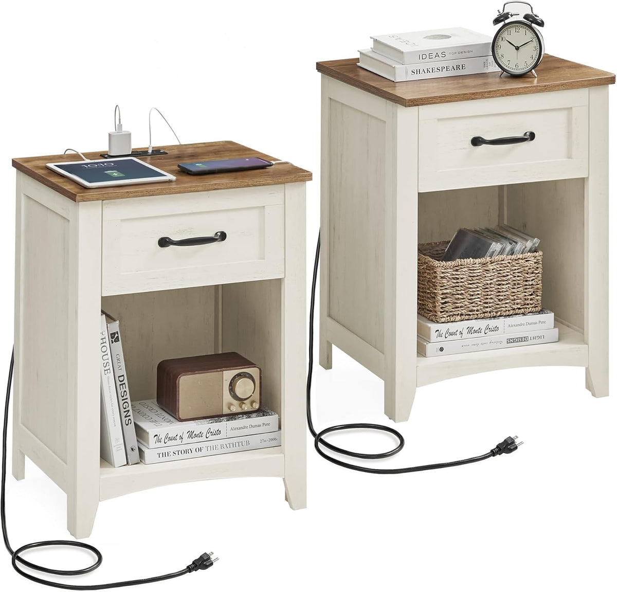 VASAGLE LIRY Collection - Farmhouse Nightstands with Charging Station, Set of 2 Bedside Tables, Side Tables with Drawer, Open Compartment, for Bedroom, Rustic White and Honey Brown ULET859K41