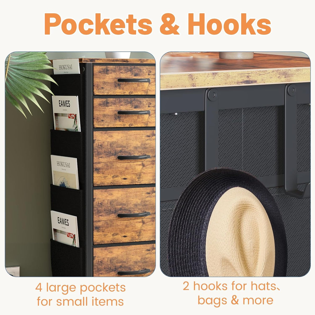 HCHQHS Dresser for Bedroom with 13 Drawers, 47 Inch Fabric Dresser with Remote Control Lights, Side Pockets & Hooks for Closet or Large TV Stand (Rural Brown)