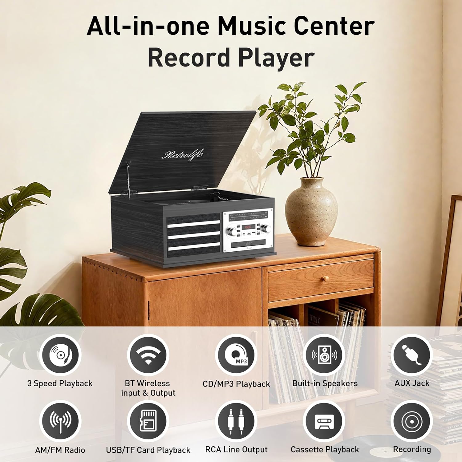 Vinyl Record Player 10-in-1 Music Center Turntable Built-in Speakers Support 3 Speed BT Wireless Input/Output AM/FM Radio CD Tape Cassette Player Aux RCA Auto Stop Vinyl Recording to USB/TF Card Black