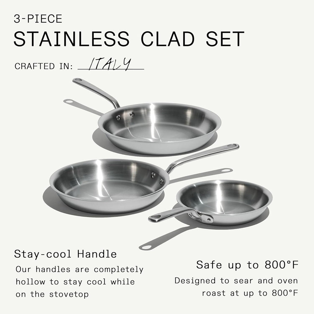 Made In Cookware | 3-Piece (Includes 8",10",12") Stainless Frying Pan Set | 5 Ply Stainless Clad | Professional Cookware | Crafted in Italy | Induction Compatible