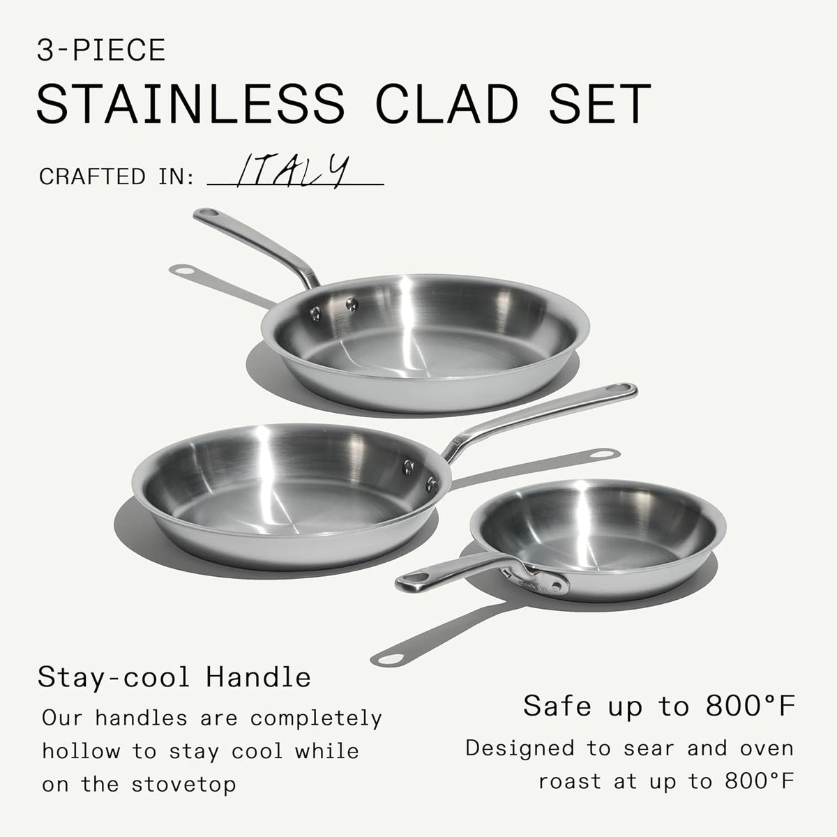 Made In Cookware | 3-Piece (Includes 8",10",12") Stainless Frying Pan Set | 5 Ply Stainless Clad | Professional Cookware | Crafted in Italy | Induction Compatible