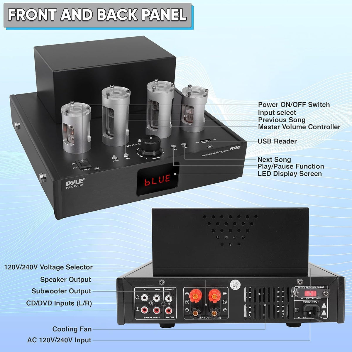 Pyle Bluetooth Tube Amplifier Receiver - 500W Home Theater Audio Desktop Stereo Vacuum Tube Hi-Fi Power Amplifier Receiver w/ 4 Vacuum Tubes, USB Reader, CD/DVD Input, Subwoofer Output