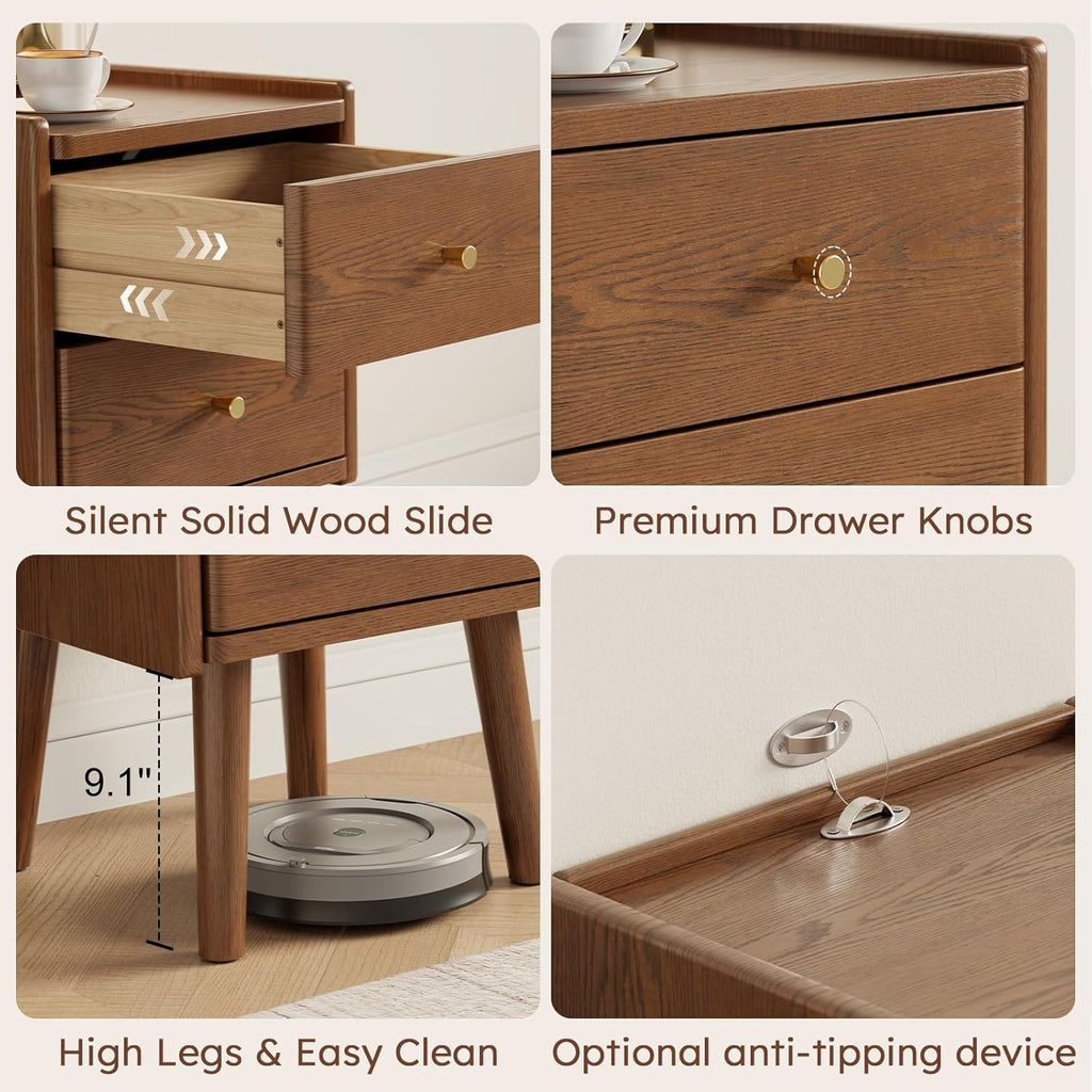 Walnut Nightstand, Solid Wood Nightstand, Modern Night Stand with Drawers, Wood Night Stand, End Table with Storage, Small Bedside Tables for Small Spaces, Walnut Bedside Table (23.6" H)