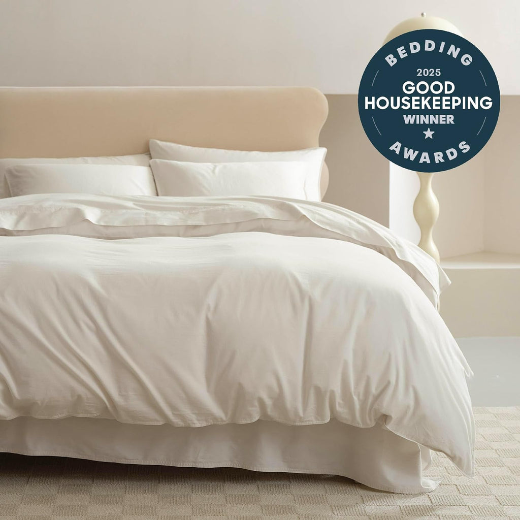 Double Stitch 100% GOTS Organic Cotton Duvet Cover, Washed Cotton Queen Size Duvet Covers Set, 300 TC Luxury Hotel Sateen Weave 3PCS Bedding Set, Soft Long Staple Cotton, Made in India, Coconut White