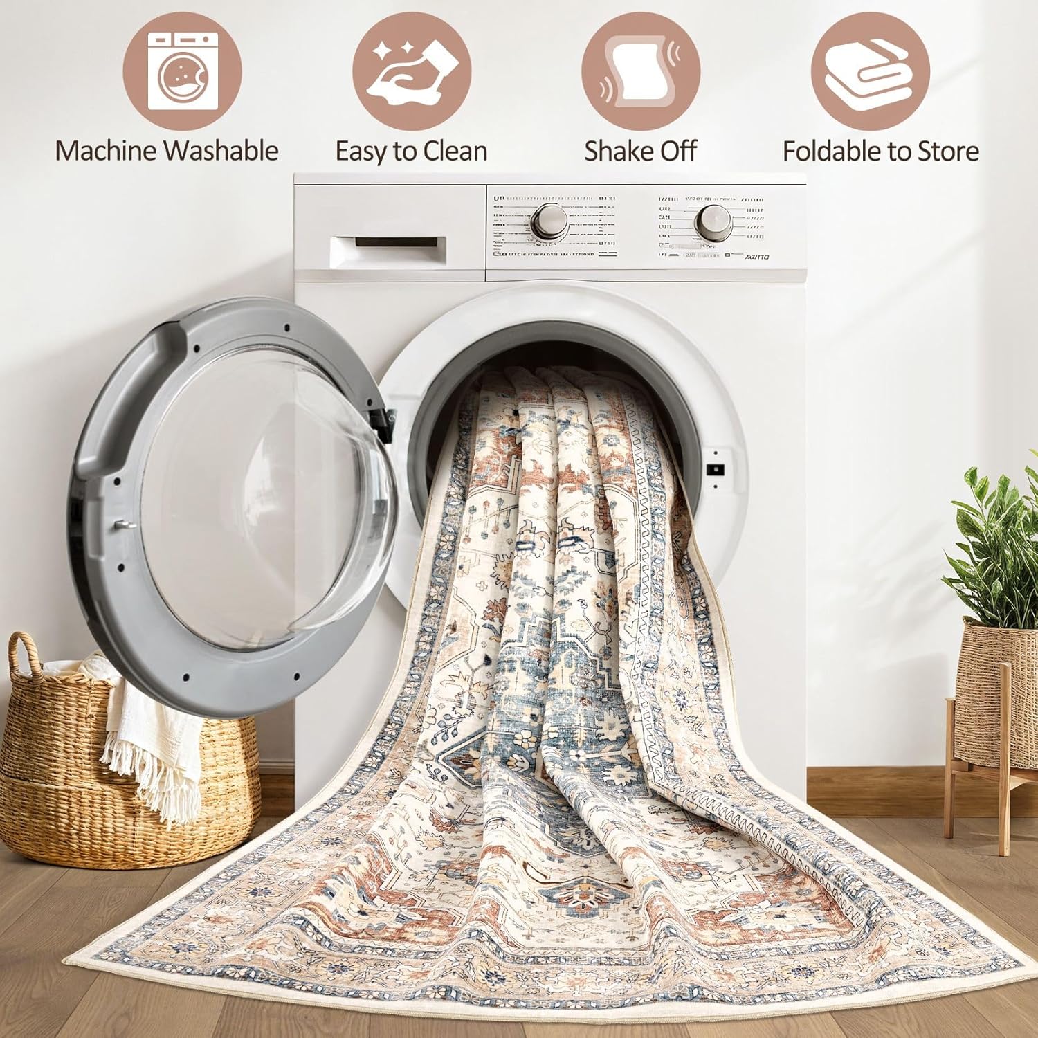 10x14 Area Rugs Living Room: Washable Boho Large Neutral Vintage Soft Rug Stain Resistant Distressed Farmhouse Non-Slip Indoor Floor Carpet for Bedroom Nursery Kids Office Dining Room- Beige Blue