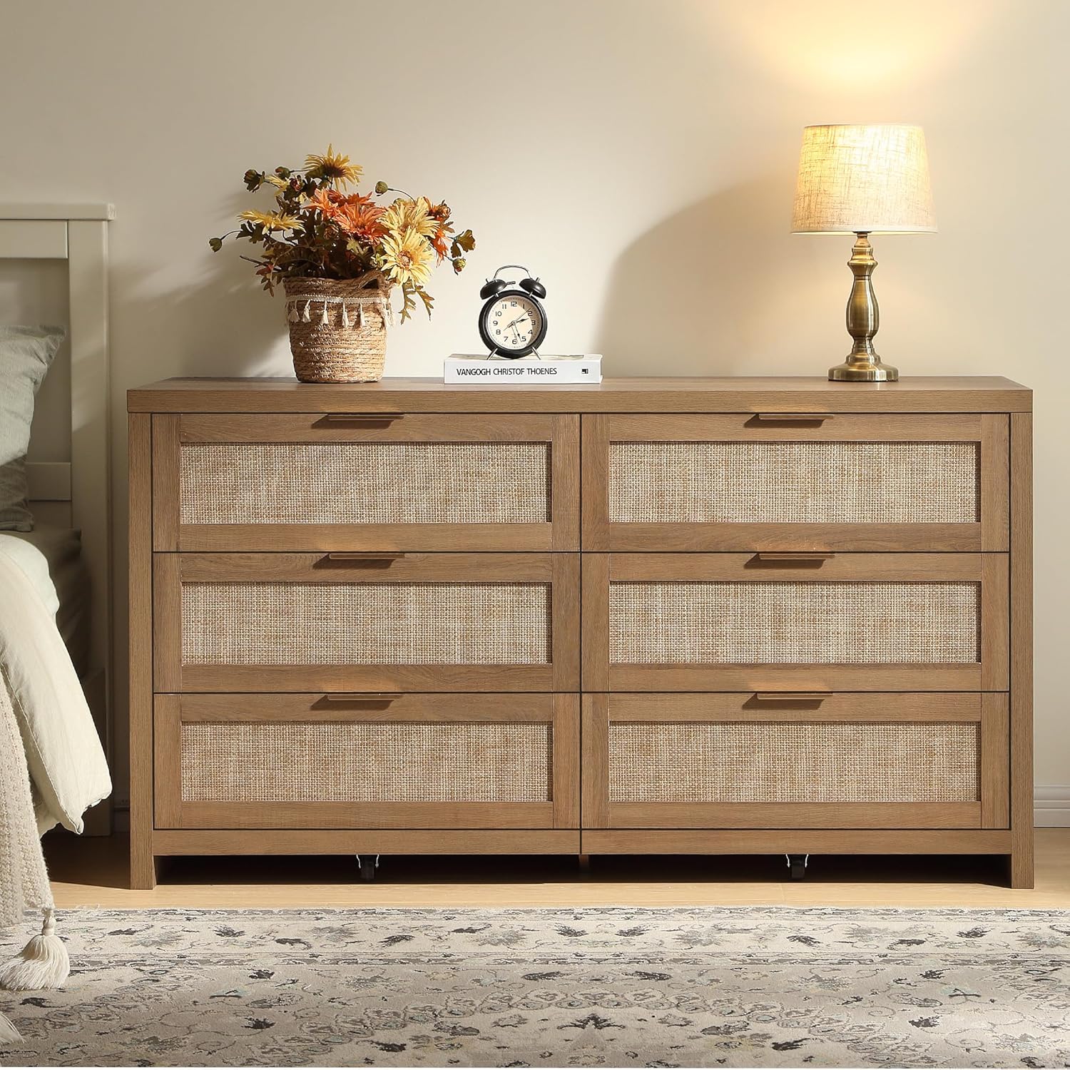 SICOTAS Rattan Dresser for Bedroom, 57" Wide 6 Drawer Dresser with Ample Storage, Dressers Large Chest of Drawers, Closet, Boho TV Stand for Bedroom (Reclaimed Caramel Oak, 1 Piece)