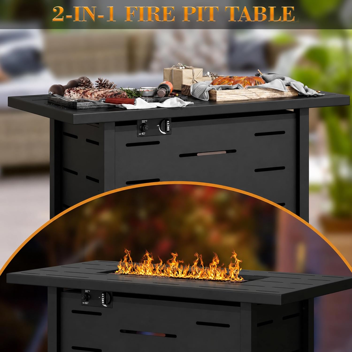 43 Inch Propane Fire Pit Table for Patio & Backyard, 50,000 BTU Steel Gas Fire Pit with Lid & Lava Rocks, Outdoor Table Heater for Deck, Garden, Smokeless Flame