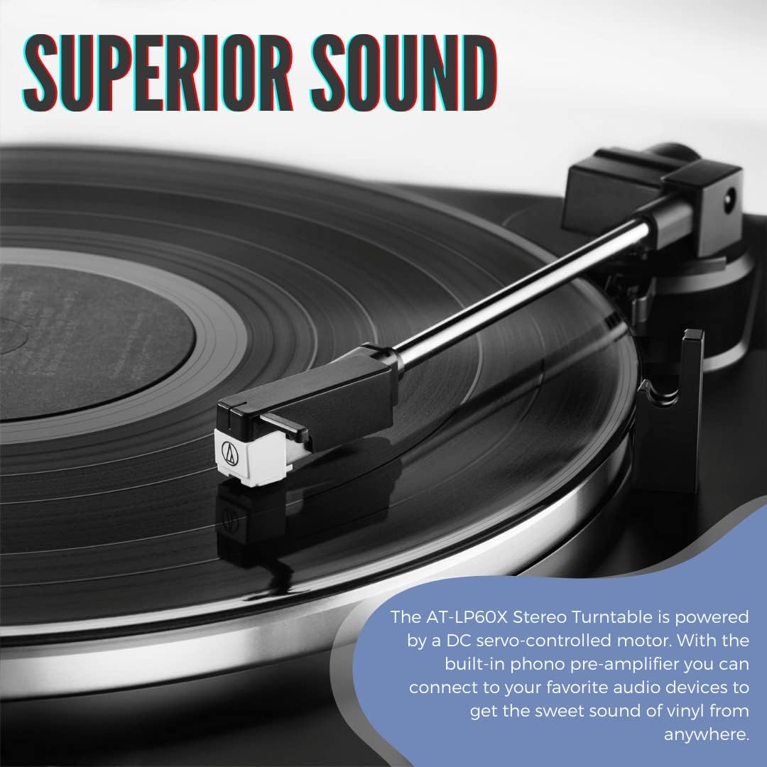 Audio-Technica AT-LP60X Gunmetal Fully Automatic Belt-Drive Stereo Turntable Bundle with Studio Monitor Pair and Vinyl Record Care System Package (3 Items)