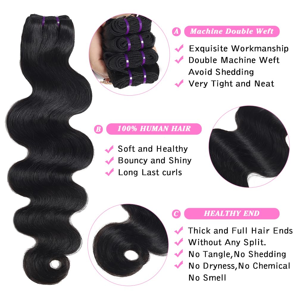Beauty Queen 16A Body Wave Bundles Human Hair (20 18 16 Inch) 100% Unprocessed Brazilian Virgin Weave 3 Bundles Human Hair Full And Thick Remy Hair Extensions Natural Color for Women